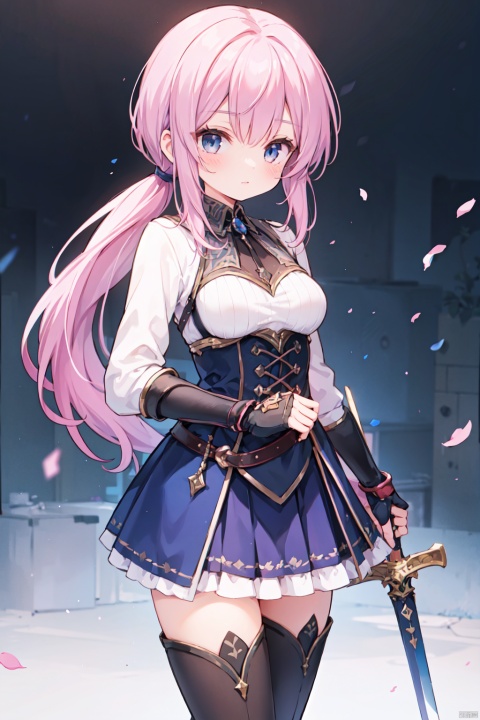 1girl,(pink_hair),crossed bangs,(low ponytail),blue eyes,gothic_lolita,white skirt,gauntlets,one-hand-hilt,hand on hilt,holding sword,planted sword,standing,medieval,
fantasy,thigh,boots,medium breast,cowboy_shot,shigetoakiho,