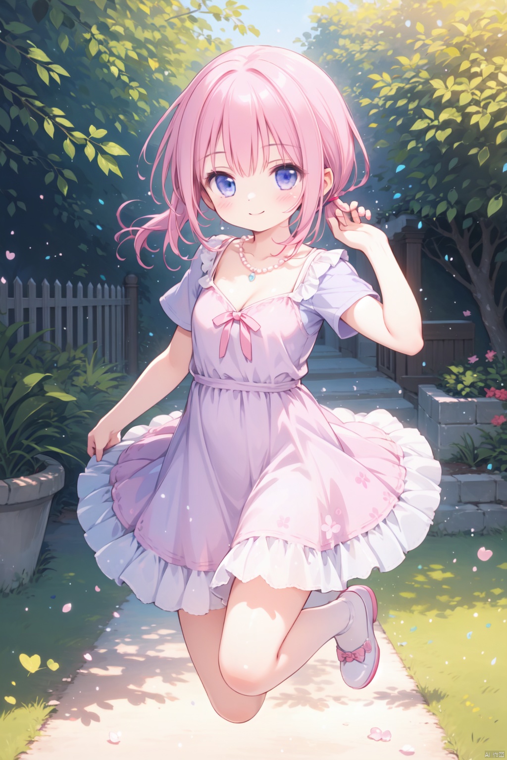  1girl,(pink_hair:1.1),crossed bangs,(low ponytail),blue eyes,collarbone,short sleeves,cleavage,purple dress,full body,thigh,short ponytail,smile,pearl necklace,shine,jumping,illustration,outdoor,detailed eyes,perfect face,frill,