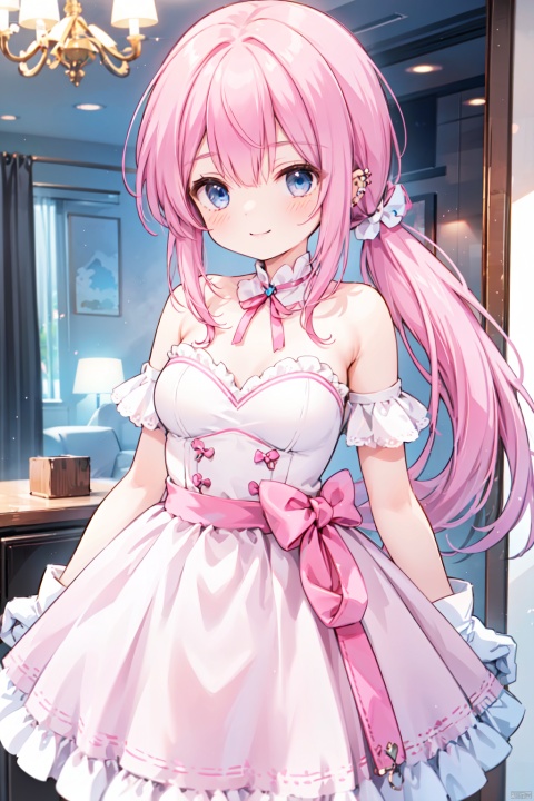 1girl,low ponytail,(pink_hair:1.2),crossed bangs,strapless dress, gloves, bare shoulders,smile,white gloves, strapless,frills,white dress, pink dress,red ribbon,piercing,frilled dress,
fantasy,medium breast,buster,clavicle,cowboy_shot,blue eyes,shigetoakiho