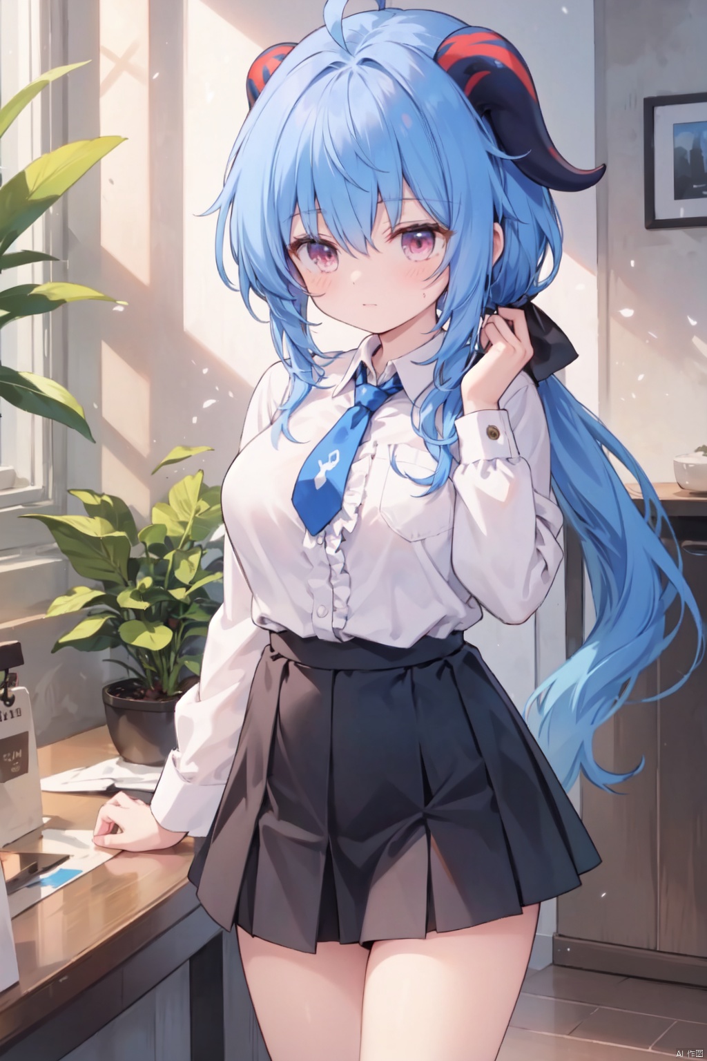  horns,(collared shirt),(low ponytail),1girl, solo,(very long hair),white and blue hair,pink eyes,Hair tip,(tie),cowboy_shot,thigh,(frilled shirt:1.1),black skirt,(thigh),bare thigh,large_breasts,Neck,plant,company,chair,ganyu,ahoge,hand up,