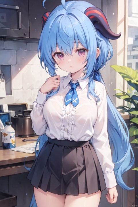  horns,(collared shirt),(low ponytail),1girl, solo,(very long hair),white and blue hair,pink eyes,Hair tip,tie,cowboy_shot,thigh,(frilled shirt:1.1),black skirt,(thigh),bare thigh,large_breasts,Neck,plant,company,chair,ganyu,ahoge,hand up,