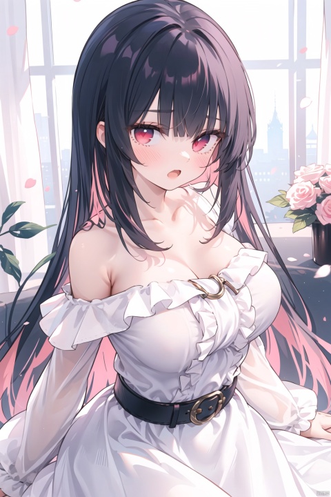  1girl,dress,long hair,breasts,white dress,long sleeves,black hair,bare shoulders,blush,solo,large breasts,off shoulder,off-shoulder dress,collarbone,blunt bangs,red eyes,frills,open mouth,pink tone hair,puffy sleeves,belt buckle, nai3, shine eyes01,