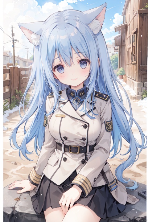 1girl,solo,smile,blue hair,cute,grey eyes,sandstorm,(Military uniform:1.3),big breasts,thigh,desert,animal_ears,The cracked earth,Escarpment,stone,village,