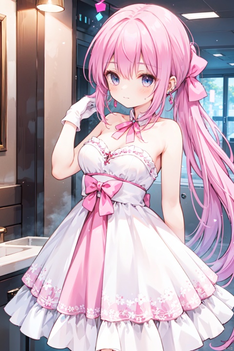 1girl,low ponytail,(pink_hair:1.2),crossed bangs, strapless dress, gloves, bare shoulders, closed mouth, white gloves, strapless, ear piercing, frills, white dress, pink dress, breasts, red ribbon, very long hair, earrings, white footwear, pink ribbon, piercing, frilled dress,
fantasy,medium breast,buster,cowboy_shot,blue eyes,shigetoakiho