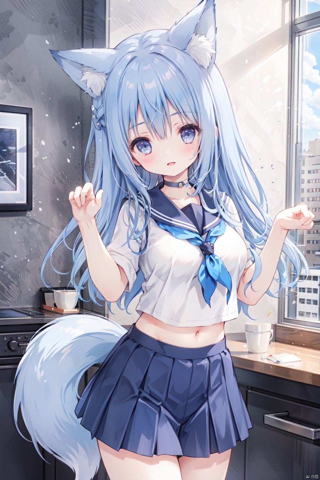  1girl,blue hair,cute,grey eyes,blue tree,animal_ears,(big breast),cowboy_shot,skindentation,exposed_midriff,tail,fox,paw pose,sailor suite, sailor shirt, shorts under skirt