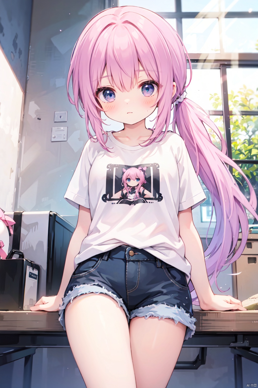 (low ponytail:1.1),pink_hair,crossed bangs,solo,shirt,shorts,thigh,breast,blue eyes,shigetoakiho,loli,