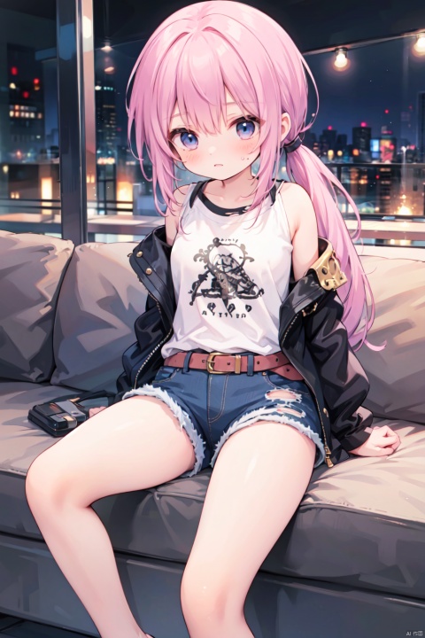 (low ponytail:1.1),pink_hair,crossed bangs,solo,Steampunk,shirt,shorts,torn clothes,(leather_clothes),thigh,breast,blue eyes,shigetoakiho,loli,