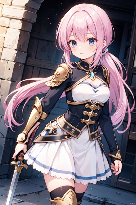 1girl,(pink_hair),crossed bangs,(low ponytail),blue eyes,gothic_lolita,white skirt,gauntlets,(both-hand-hilt:1.5),hand on hilt,holding sword,planted sword,standing,medieval,
fantasy,thigh,boots,looking afar,ruins,commanding, armor,medium breast,cowboy_shot,shigetoakiho,