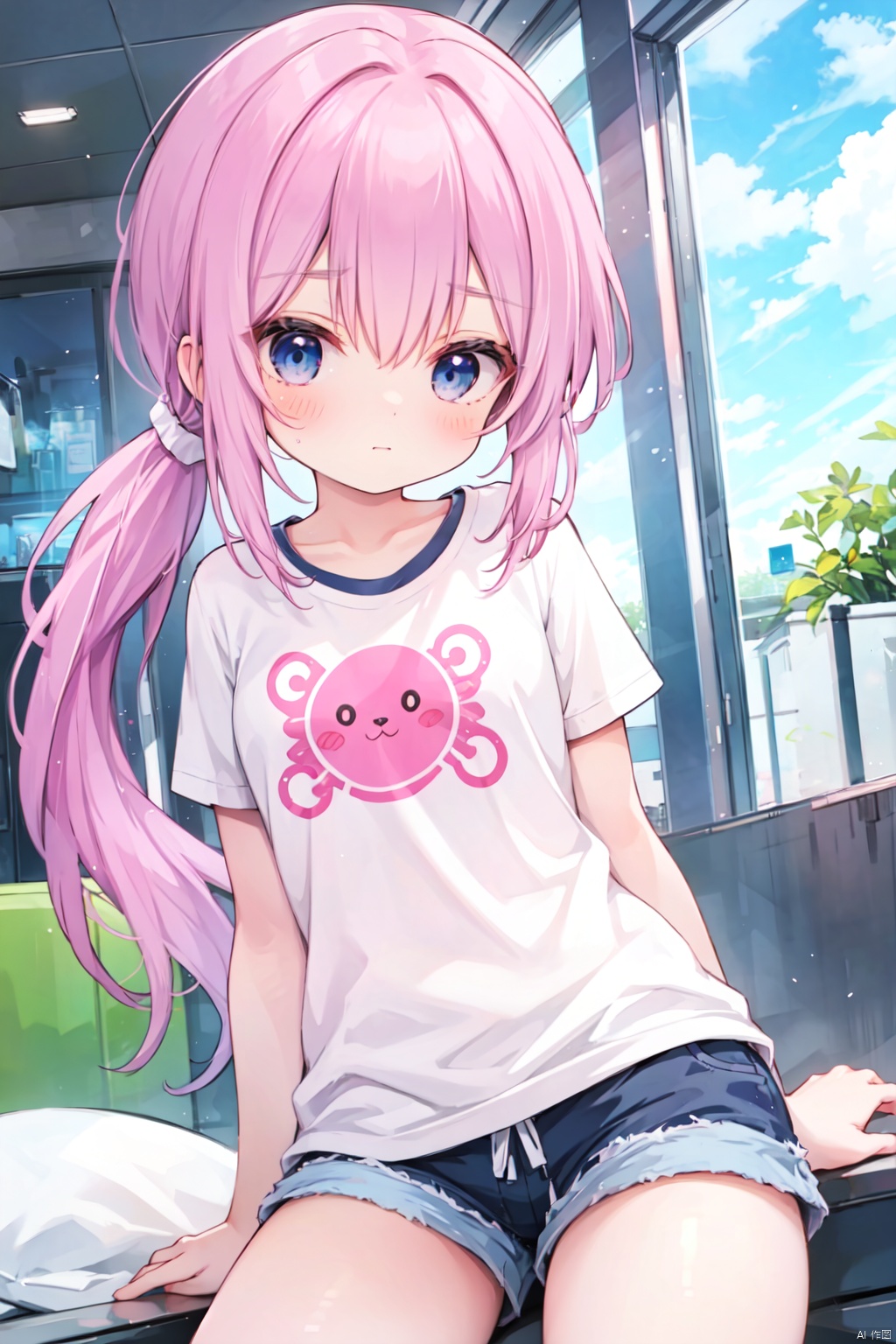 (low ponytail:1.1),pink_hair,crossed bangs,solo,shirt,shorts,thigh,breast,blue eyes,shigetoakiho,loli,