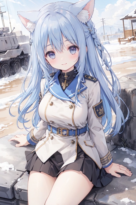 1girl,solo,smile,blue hair,cute,grey eyes,sandstorm,(Military uniform:1.3),big breasts,thigh,desert,animal_ears,The cracked earth,Escarpment,stone,village,