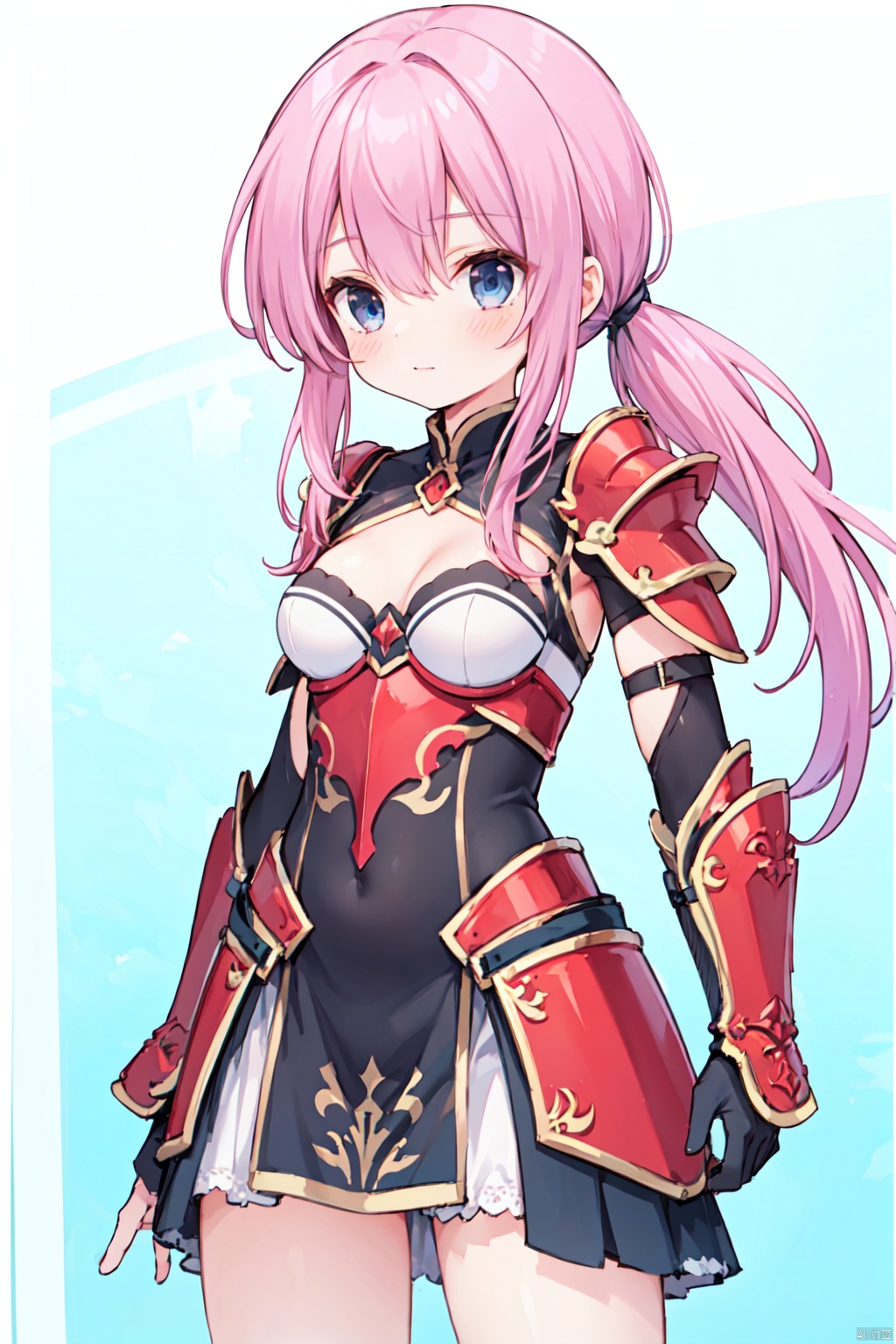 1girl,low ponytail,(pink_hair),crossed bangs,black armour,armour dress,looking down,medium breast,red armor,Cleavage,thigh,cowboy_shot,girl,blue eyes,shigetoakiho,