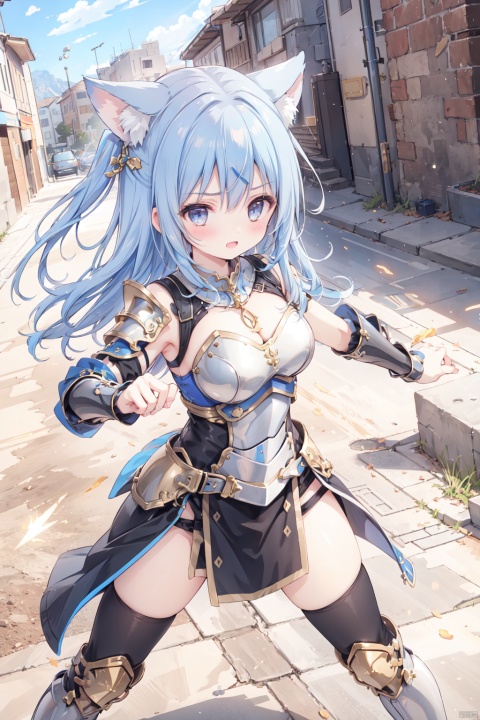  1girl,solo,blue hair,cute,grey eyes,sandstorm,(armor:1.3),big breasts,thigh,desert,animal_ears,The cracked earth,Escarpment,stone,village,action,fighting stance,aggressiveness,scowl,punch,black armor, gold armor