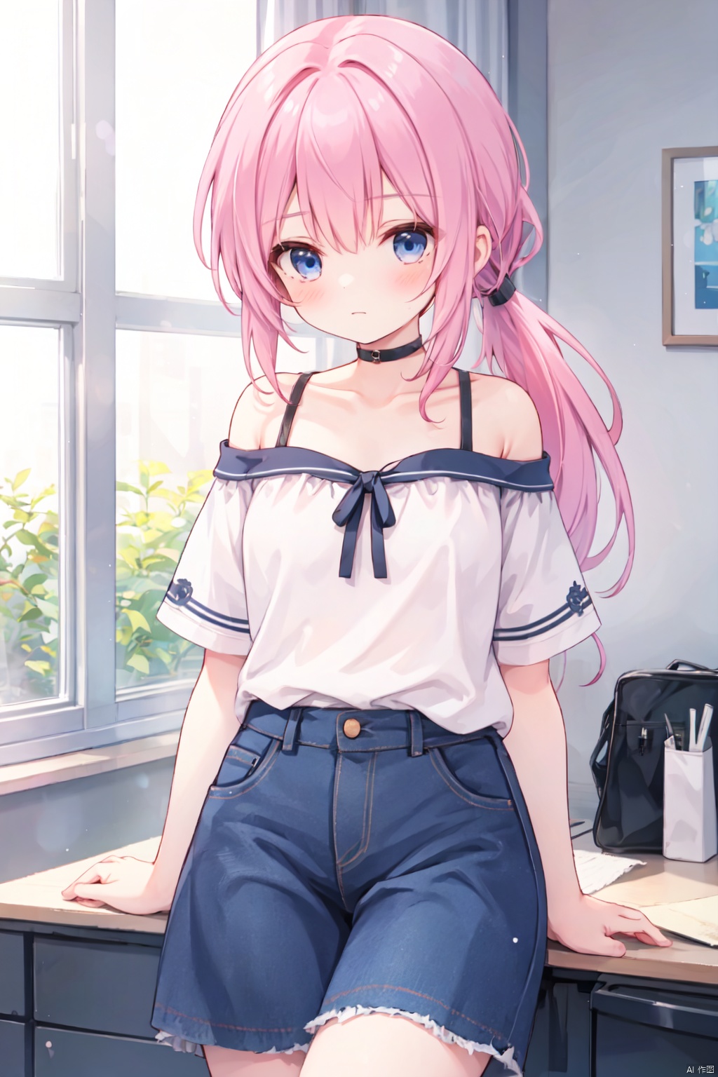 (low ponytail),1girl,solo,skirt,pink hair,shirt,short sleeves, bare shoulders,blue eyes,medium breasts,collarbone,off shoulder,skirt,blouse,off-shoulder blouse,loil