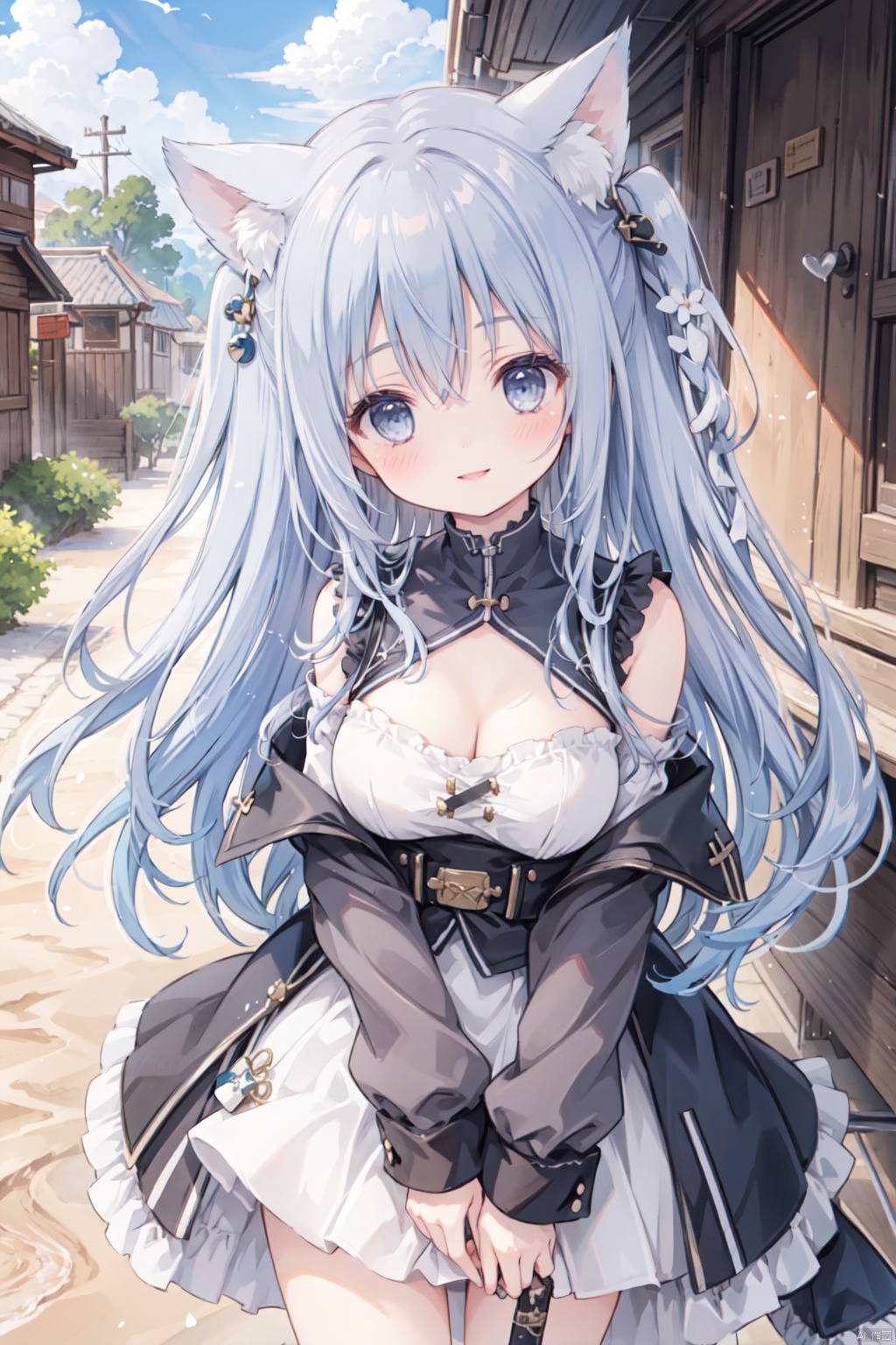 holding_katana,1girl, solo, smile,blue hair,cute,grey eyes,sandstorm,off shoulder,clavicle,(Military uniform),big breasts,thigh,desert,Cleavage,animal_ears,The cracked earth,Escarpment,stone,village,