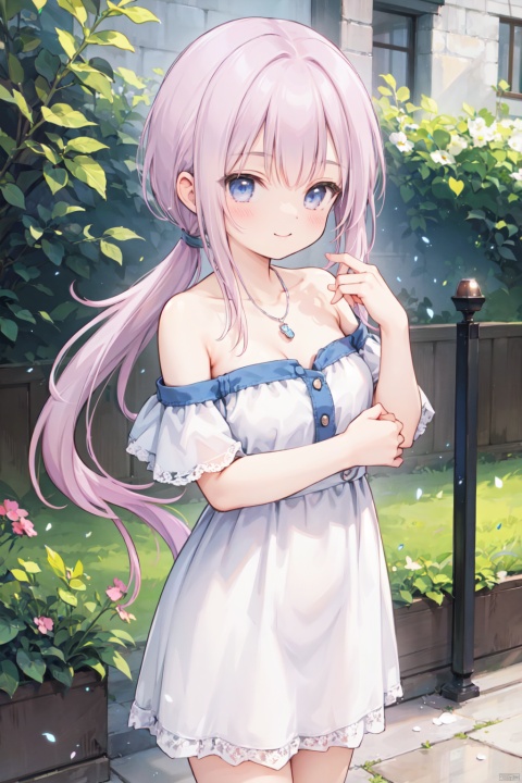  1girl,(pink_hair:1.1),crossed bangs,(low ponytail),blue eyes,collarbone,off-shoulder,bare shoulders,(strapless:1.1),short sleeves,cleavage,Hair tip,short white dress,cowboy_shot,thigh,short ponytail,smile,pearl necklace,masterpiece, extremely detailed 8k wallpaper,best quality,best illumination, best shadow, extremely delicate and beautiful,shine,glinting stars,classic, illustration,outdoor, detailed eyes,perfect face