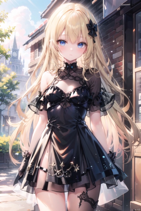  1girl,thin,(very Long hair:1.1),(blonde_hair:1.2),blue eye,blush,(wavy hair),(hime cut),small breasts ,collarbone,frill skirt,long_gloves,(see-through:1.3),clothing cutout,see through,see through,prominent nipple,tutututu,outdoor,black dress, see-through