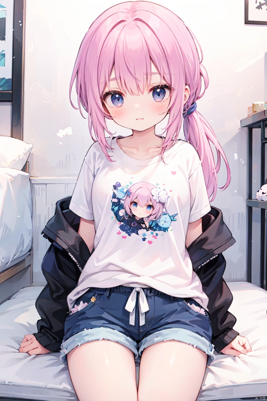 (low ponytail:1.1),pink_hair,crossed bangs,solo,shirt,shorts,thigh,breast,blue eyes,shigetoakiho,loli,