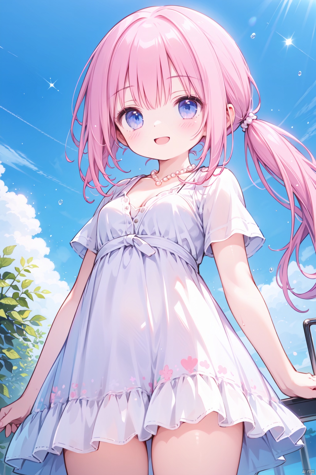  1girl,(pink_hair:1.1),crossed bangs,(low ponytail),blue eyes,collarbone,short sleeves,cleavage,purple dress,open mouth,short ponytail,happy,pearl necklace,shine,smirk,illustration,outdoor,detailed eyes,perfect face,frill,from below,cowboy_shot,thigh,