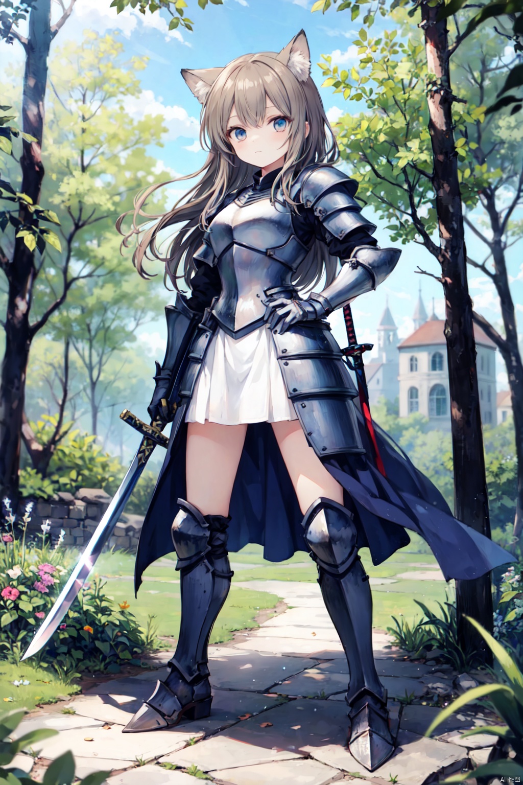 score_9, score_8_up, score_7_up, source_anime,rating_safe, ultra details,masterpiece,4k,best quality, hires,1girl,fox girl,brown haired fox girl, long hair,blue eyes, glowing eyes, full armor, knight, castle in background, planted sword,hands on hilt, holding sword, full body, forest, large sword