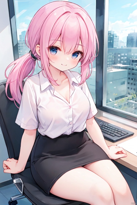 chair,sitting,solo,(low ponytail:1.1),(pink_hair),crossed bangs,smile,(white collared blouse),Button,Short sleeved,business,thigh,office_lady,black pencil skirt,breast,collarbone,Cleavage,blue eyes,shigetoakiho, loli