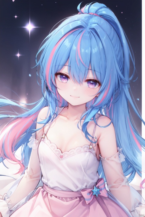  1girl,(very Long hair:1.1),(pink streaked hair),(blue hair),blush,floating hair,(ponytail),pink_eyes,small breasts,collarbone,(smile),star clothes,lace-trimmed_dress,purple dress,idol,active,curvy,cowboy_shot,