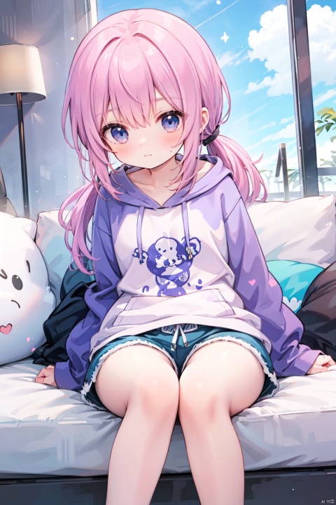(low ponytail:1.1),pink_hair,crossed bangs,solo,shirt,shorts,coat,thigh,breast,seated,blue eyes,(hoodie),shigetoakiho,loli,