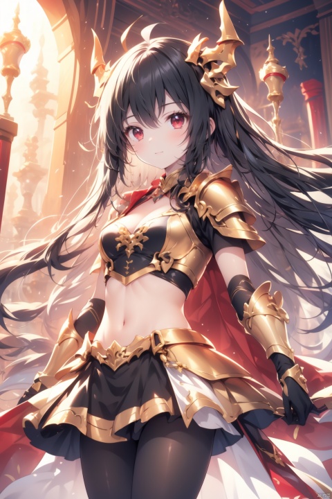  solo,1girl,artist_name,straight hair,(long black_hair),red_eyes,medium_breast,(black armor:1.1),midriff,Fantasy architecture,Dragon horn,cleavage,pantyhose,gold armor, gold armor
