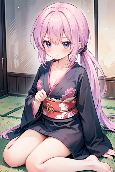 geta,(low ponytail:1.1),pink_hair,crossed bangs,solo,annoyed,(black kimono),long sleeved,red printing,thigh,breast,Cleavage,collarbone,blue eyes,shigetoakiho,