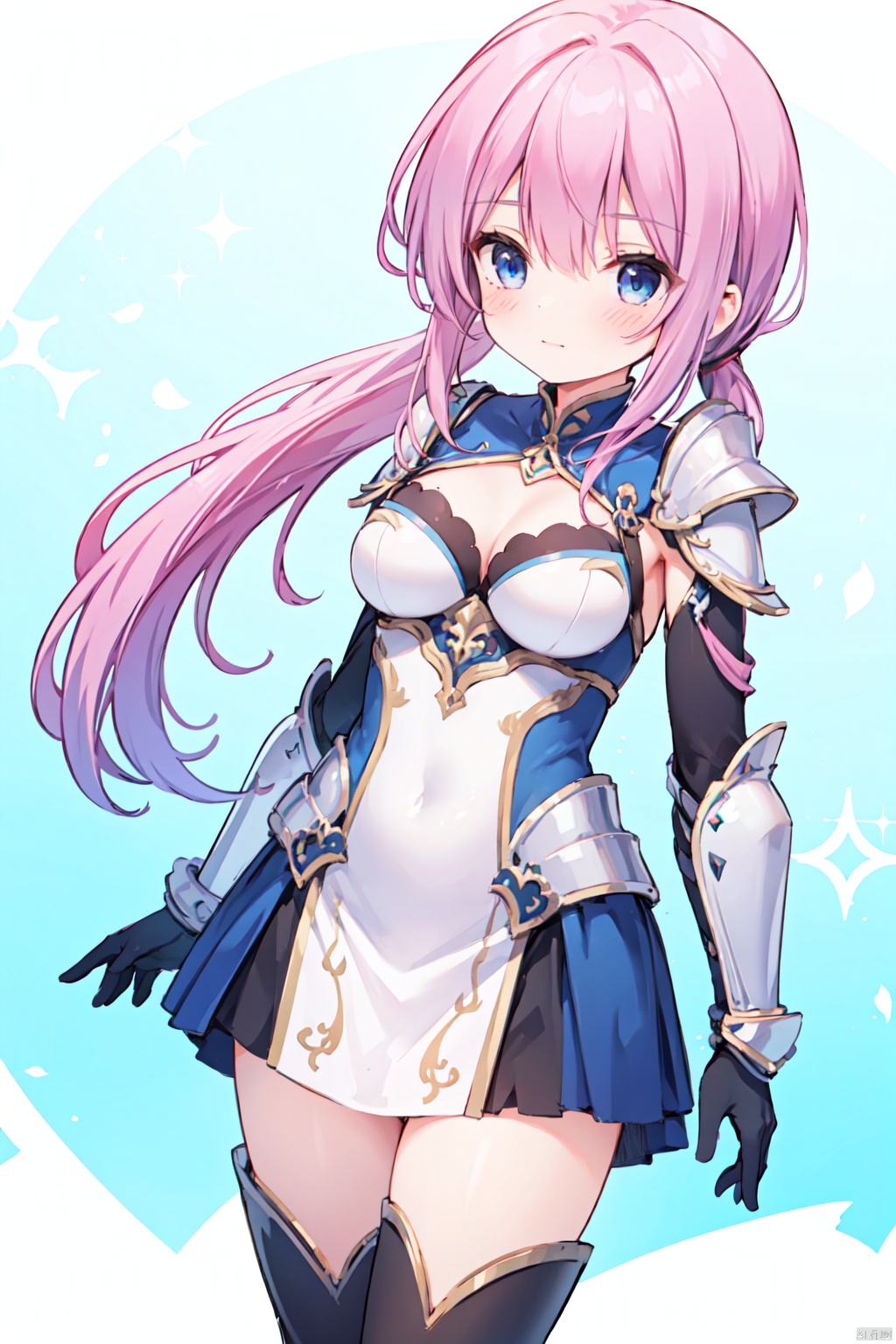 1girl,low ponytail,(pink_hair),crossed bangs,white armour,armour dress,looking down,medium breast,Silver armor,Cleavage,thigh,cowboy_shot,girl,blue eyes,shigetoakiho,