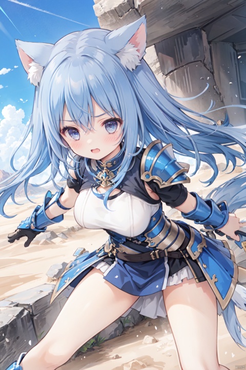  1girl,solo,blue hair,cute,grey eyes,sandstorm,(armor:1.3),big breasts,thigh,desert,animal_ears,The cracked earth,Escarpment,stone,village,action,fighting stance,aggressiveness,scowl,leaning forward,attack,armor,punch,