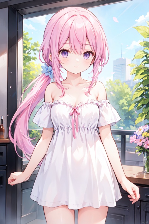 1girl,(pink_hair),crossed bangs,(low ponytail),blue eyes,collarbone,off-shoulder,bare shoulders,(strapless:1.1),short sleeves,cleavage,Hair tip,short white dress,cowboy_shot,thigh,flower,short ponytail,1girl low ponytail blue hair purple eyes