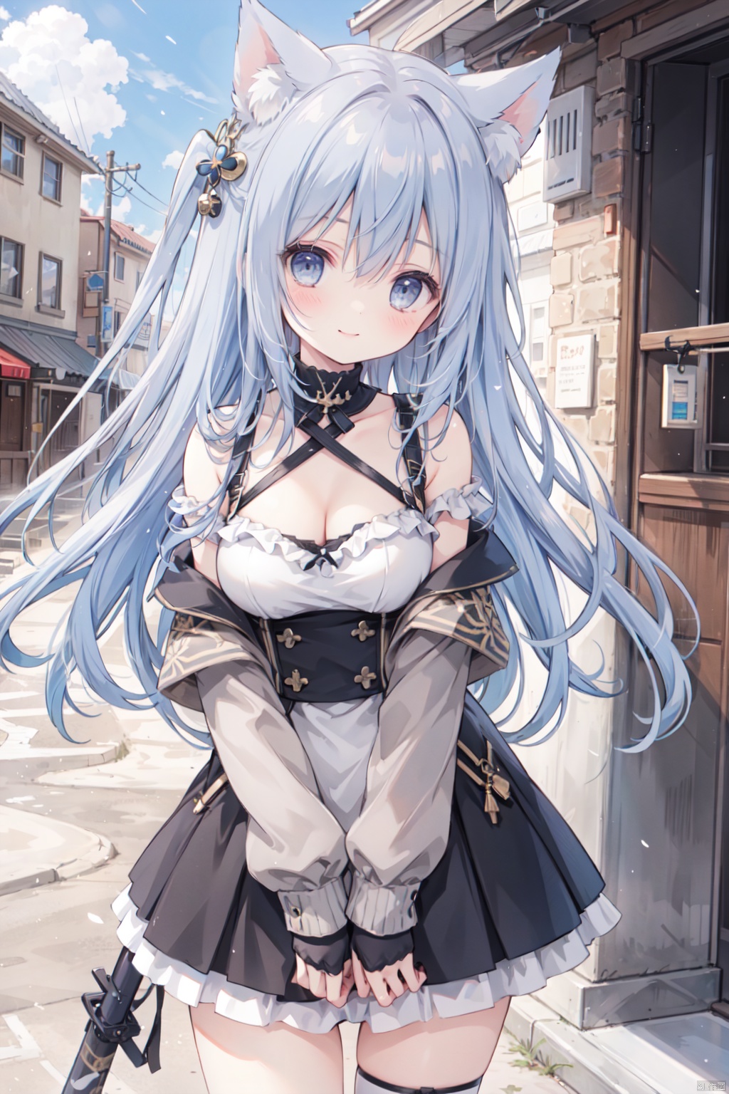 holding_katana,1girl, solo, smile,blue hair,cute,grey eyes,sandstorm,off shoulder,clavicle,(Military uniform),big breasts,thigh,desert,Cleavage,animal_ears,The cracked earth,Escarpment,stone,village,