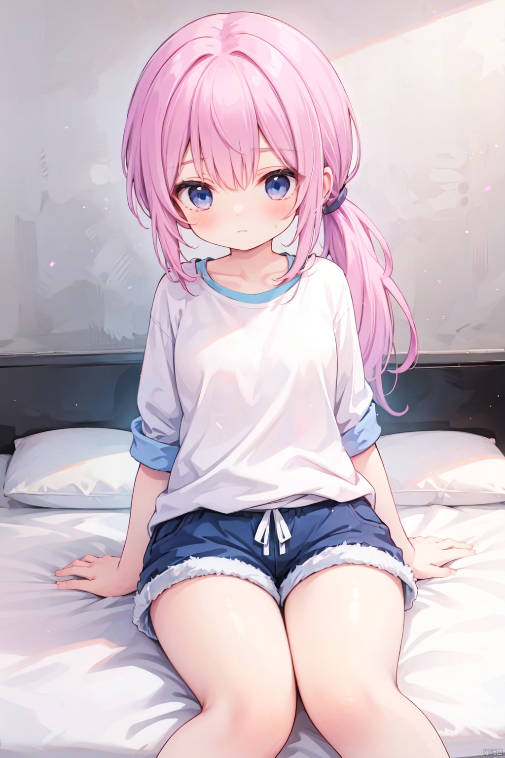 (low ponytail:1.1),pink_hair,crossed bangs,solo,shirt,shorts,thigh,breast,blue eyes,shigetoakiho,loli,