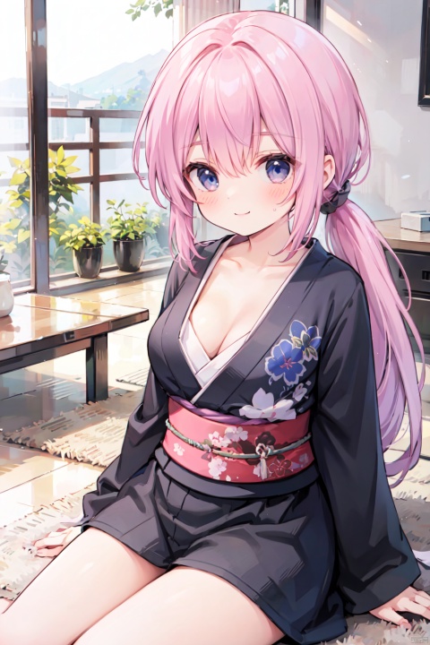 w-sitting,(low ponytail:1.1),pink_hair,crossed bangs,solo,smile,(black kimono),long sleeved,red printing,thigh,breast,Cleavage,collarbone,blue eyes,shigetoakiho,
