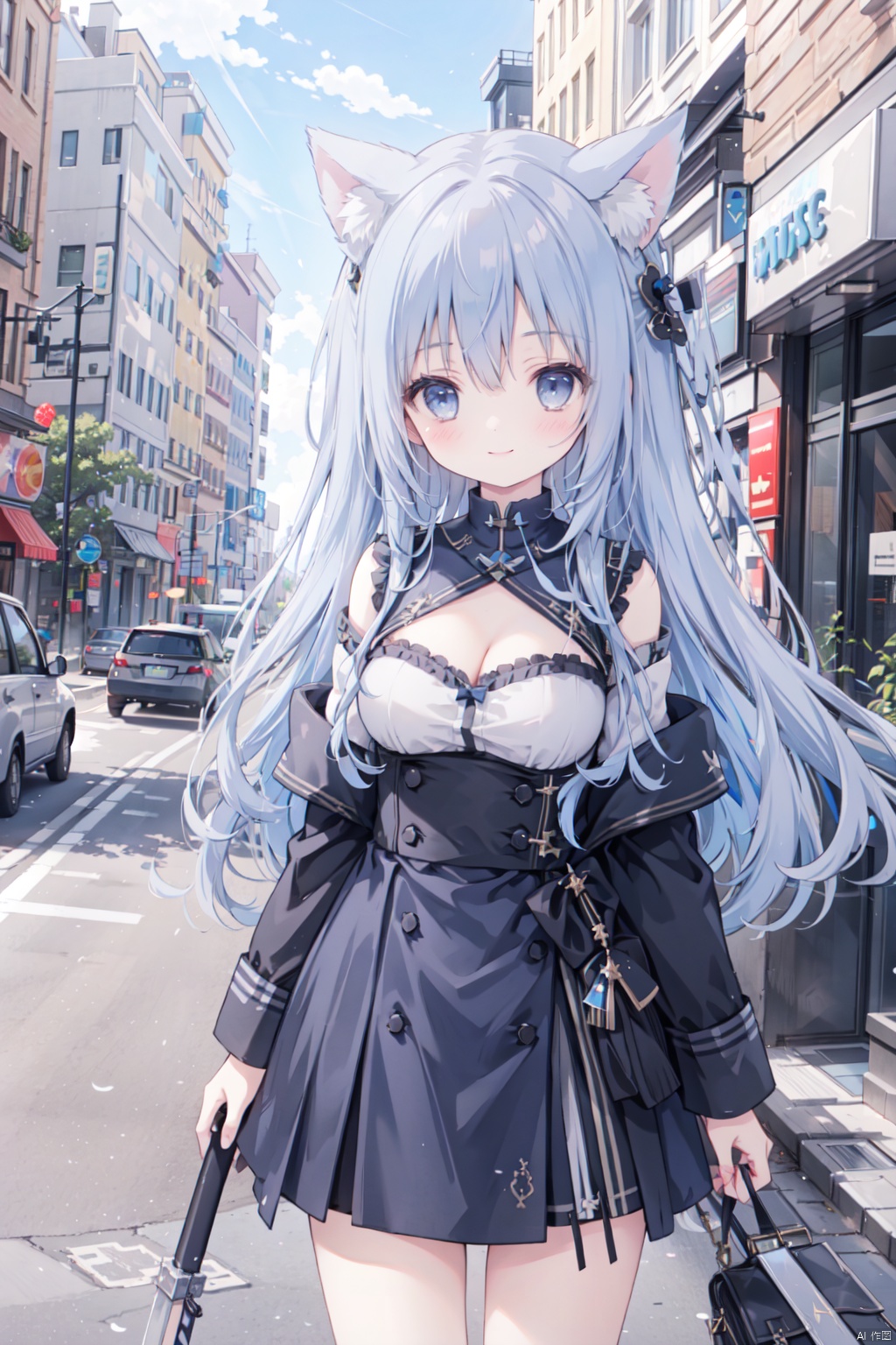 holding_katana,1girl, solo, smile,blue hair,cute,grey eyes,city,off shoulder,clavicle,(Military uniform:1.3),big breasts,thigh,street,Cleavage,animal_ears,gothic architecture,girl, blue archive