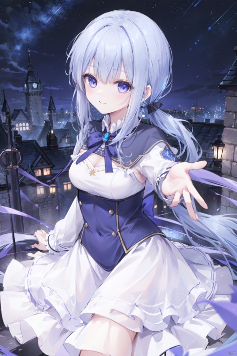  1girl,thin,white_hair,crossed bangs,long straight hair,(low ponytail),frilled white dress,saber,black bustier,blue cape,hairpin,smile,medium_breast,ribbon,castle,purple skirt,blue eyes,15-year age,night backgroung,outstretched arms, reaching out,[1girl low ponytail blue hair purple eyes]