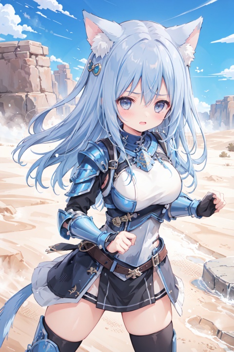  1girl,solo,blue hair,cute,grey eyes,sandstorm,(armor:1.3),big breasts,thigh,desert,animal_ears,The cracked earth,Escarpment,stone,village,action,fighting stance,aggressiveness,scowl,punch,black armor,