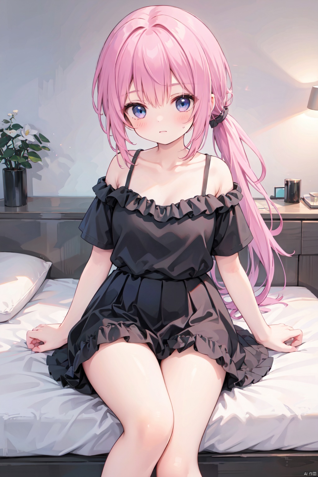 (low ponytail),1girl,solo,skirt,pink hair,shirt,short sleeves, bare shoulders,blue eyes,medium breasts,collarbone,off shoulder,skirt,blouse,off-shoulder blouse,loil