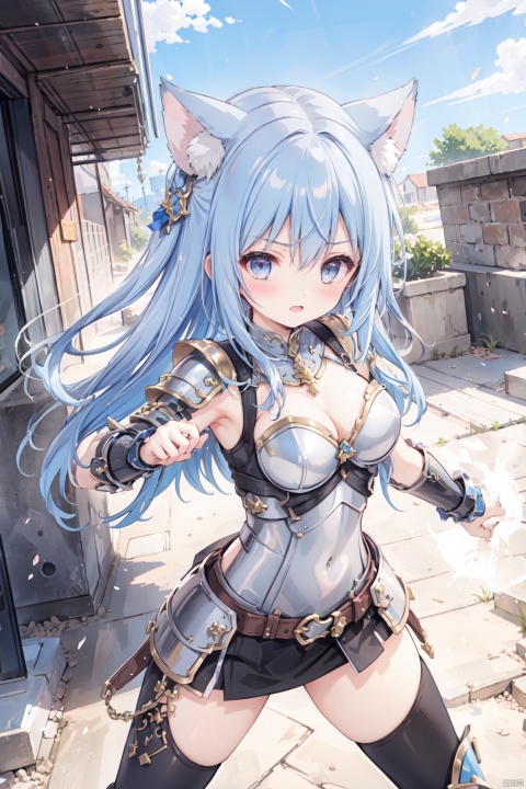 1girl,solo,blue hair,cute,grey eyes,sandstorm,(armor:1.3),big breasts,thigh,desert,animal_ears,The cracked earth,Escarpment,stone,village,action,fighting stance,aggressiveness,scowl,punch,black armor, 