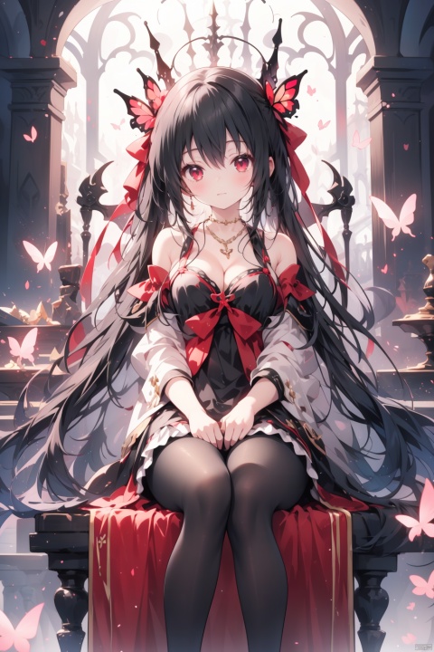  solo,1girl,artist_name,(very black_hair),red_eyes,medium_breast,(black babydoll:1.1),bow,butterfly,Fantasy architecture,necklace,cleavage,pantyhose,sitting on the throne,