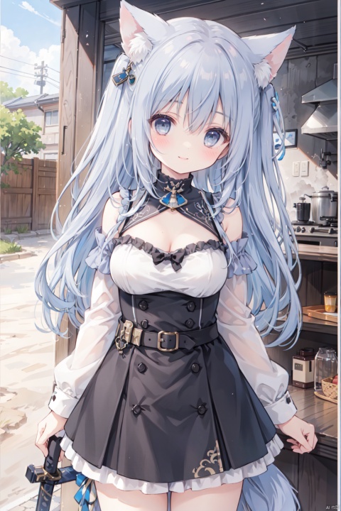 holding_katana,1girl, solo, smile,blue hair,cute,grey eyes,sandstorm,off shoulder,clavicle,(Military uniform),big breasts,thigh,desert,Cleavage,animal_ears,The cracked earth,Escarpment,stone,village,