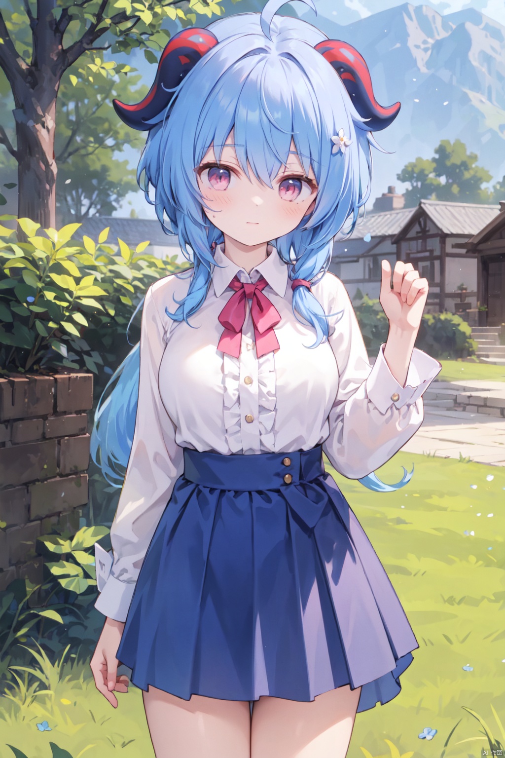 horns,(collared shirt),(low ponytail),1girl, solo,(long hair),white and blue hair,pink eyes,Hair tip,cowboy_shot,thigh,(frilled shirt:1.1),blue skirt,(thigh),bare thigh,medium_breasts,Neck,flower,dress,architecture,grass,sunny,ganyu,ahoge,hand up,