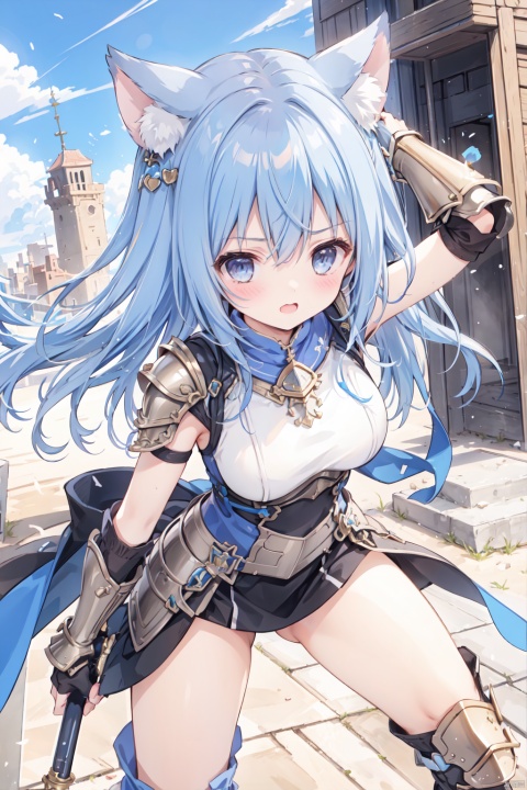  1girl,solo,blue hair,cute,grey eyes,sandstorm,(armor:1.3),big breasts,thigh,desert,animal_ears,The cracked earth,Escarpment,stone,village,action,fighting stance,aggressiveness,scowl,leaning forward,attack,armor,punch,