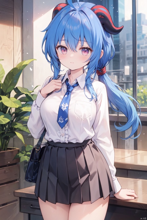  horns,(collared shirt),(low ponytail),1girl, solo,(very long hair),white and blue hair,pink eyes,Hair tip,(tie),cowboy_shot,thigh,(frilled shirt:1.1),black skirt,(thigh),bare thigh,large_breasts,Neck,plant,company,chair,ganyu,ahoge,hand up,