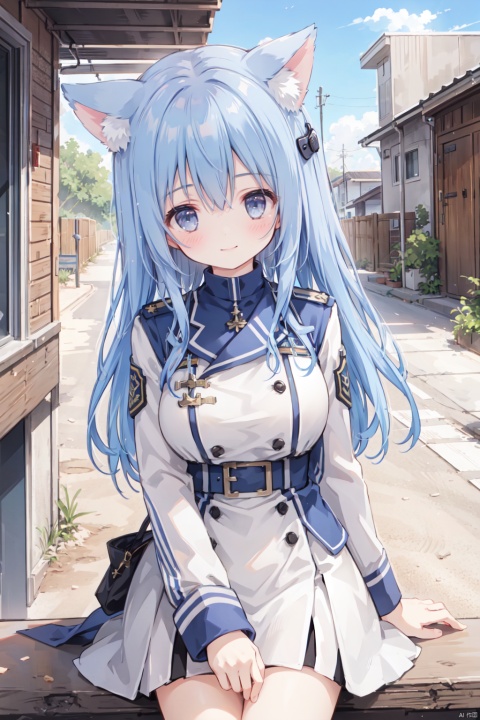 1girl,solo,smile,blue hair,cute,grey eyes,sandstorm,(Military uniform:1.3),big breasts,thigh,desert,animal_ears,The cracked earth,Escarpment,stone,village,