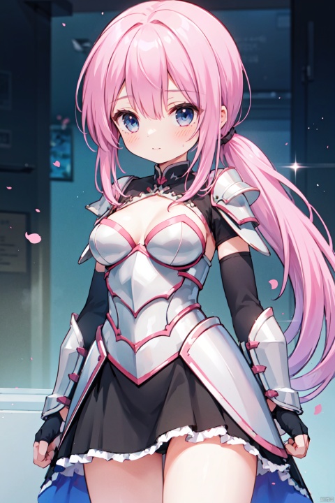 1girl,low ponytail,(pink_hair),crossed bangs,black armour,armour dress,looking down,medium breast,red armor,Cleavage,thigh,cowboy_shot,girl,blue eyes,shigetoakiho,