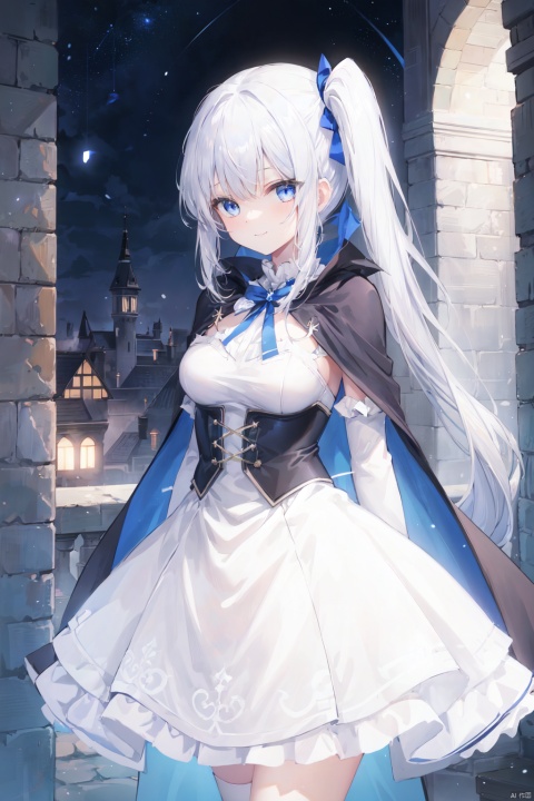  1girl,thin,blue cape,white_hair,long straight hair,crossed bangs,(side ponytail),frilled white dress,sabre,black bustier,hairpin,smile,medium_breast,blue eyes,castle,black skirt,loil,15-year age,night backgroung