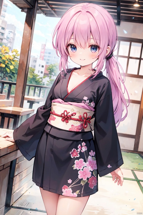 standing,(low ponytail:1.1),pink_hair,crossed bangs,solo,smile,(black kimono),long sleeved,red printing,thigh,breast,Cleavage,collarbone,blue eyes,shigetoakiho,loli,