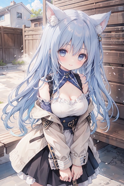 holding_katana,1girl, solo, smile,blue hair,cute,grey eyes,sandstorm,off shoulder,clavicle,(Military uniform),big breasts,thigh,desert,Cleavage,animal_ears,The cracked earth,Escarpment,