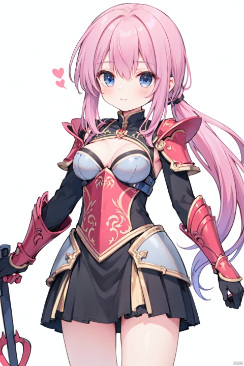 1girl,low ponytail,(pink_hair),crossed bangs,black armour,armour dress,looking down,medium breast,red armor,Cleavage,thigh,cowboy_shot,girl,blue eyes,shigetoakiho,